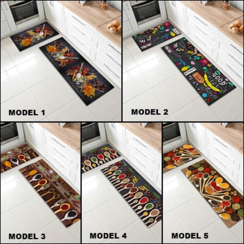 May include: Five different kitchen rug designs. The first rug has a black and white design with the words "You Do" and "Good Job". The second rug has a colourful design with spices and wooden spoons. The third rug has a black and white design with the words "You Do" and "Good Job". The fourth rug has a colourful design with spices and wooden spoons. The fifth rug has a colourful design with spices and wooden spoons.