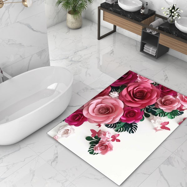 Personalized Bath Mat|Rose Design Floor Mat Set|Printed Bathroom Rug|Bathroom Decor|Washable Non Slip Vivid Color Rug|Mother's Day Gift