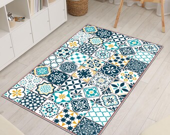 Mediterranean Tile Rug Colorful Patchwork Carpet Boho Spanish Moroccan Style Kitchen Living Room Washable Area Mat