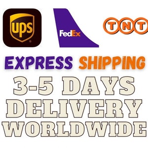 Puede incluir: Imagen de los logotipos de UPS, FedEx y TNT, con el texto "EXPRESS SHIPPING 3-5 DAYS DELIVERY WORLDWIDE" en naranja y blanco.