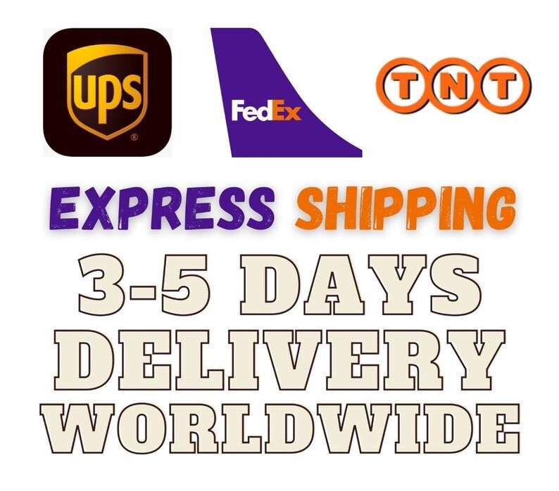 Puede incluir: Imagen de los logotipos de UPS, FedEx y TNT, con el texto "EXPRESS SHIPPING 3-5 DAYS DELIVERY WORLDWIDE" en naranja y blanco.