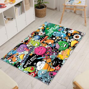 Colorful Cartoon Graffiti Rug – Fun Doodle Style Floor Mat with Cute Characters and Positive Quotes for Kids Room, Teen Room, Playroom