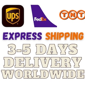 May include: Logos for UPS, FedEx, and TNT are displayed. Text reads "EXPRESS SHIPPING" and "3-5 DAYS DELIVERY WORLDWIDE". The image is a promotional graphic for shipping services, highlighting speed and global reach.