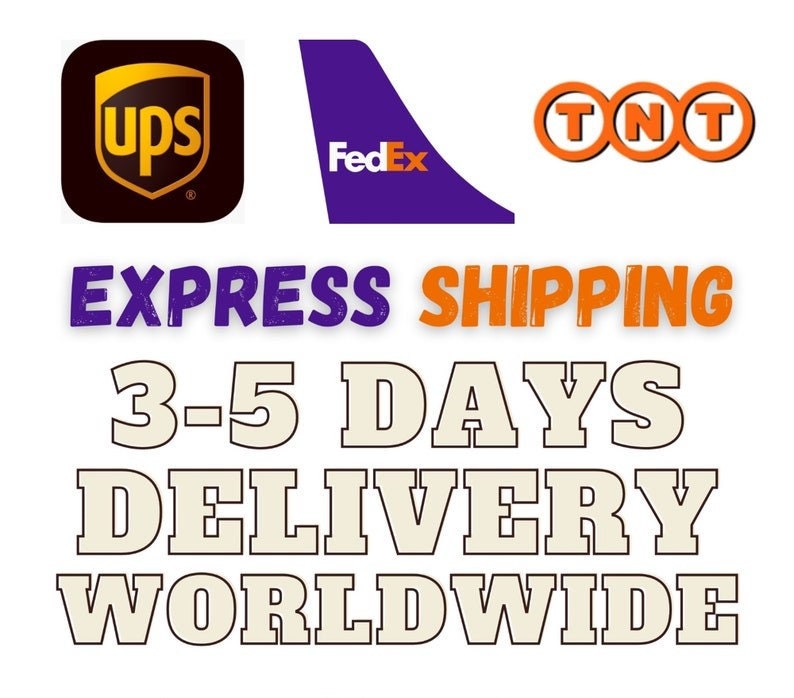 May include: Logos for UPS, FedEx, and TNT are displayed. Text reads "EXPRESS SHIPPING" and "3-5 DAYS DELIVERY WORLDWIDE". The image is a promotional graphic for shipping services, highlighting speed and global reach.