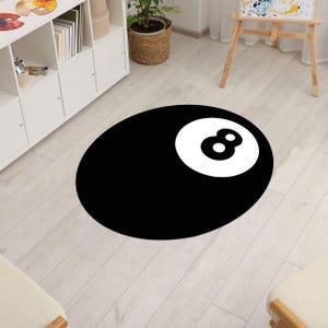 Round 8 Ball Rug • Billiards Inspired Black & White Pool Ball Mat • Man Cave, Game Room, Bar Decor • Fun Retro Circle Carpet