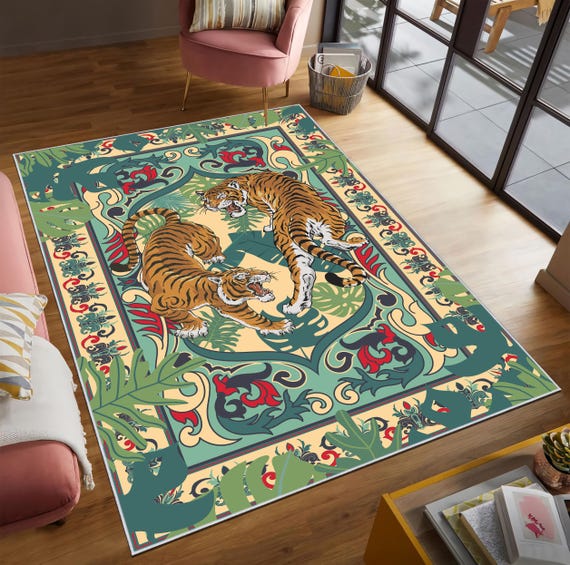 Bengal Tiger Jungle Rug – Bold Safari Style Area Carpet with Tropical Leaves – Exotic Boho Animal Print for Living Room, Nursery & Man Cave