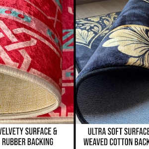 May include: Close-up of two rolled-up rugs. One rug is red with a white geometric pattern and a velvety surface with rubber backing. The other rug is navy blue with a gold floral design and an ultra-soft surface with woven cotton backing.