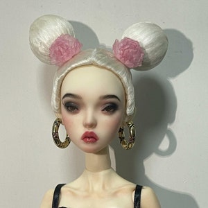 Popovy Sister Wig with 2 Flowers,White Black Gold Brown Bjd Doll Wig Hair