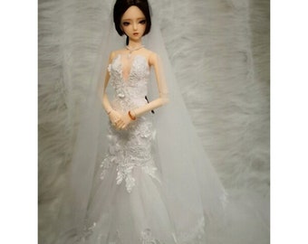 BJD Doll White Wedding Dress, Customizable Outfit, 1/3 1/4 1/6 Scale