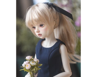 BJD Doll Wig, High Ponytail, Wavy Black/Gold Hair (8-9 inch)