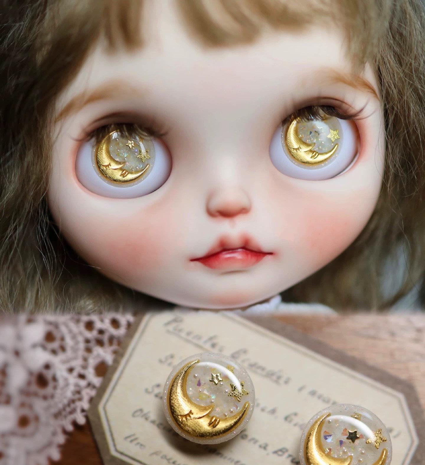 Handmade Blythe Eye Chips - Gold Moon & Star Glitter Resin Eyechips for Blythe