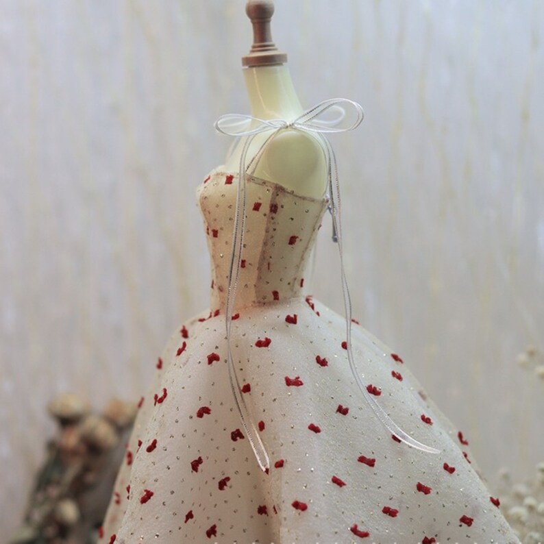 May include: A white tulle dress with red heart-shaped embellishments and a silver ribbon bow at the neckline.