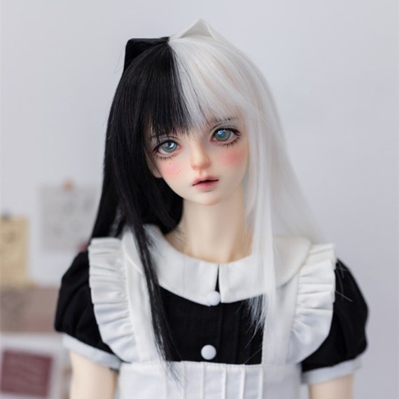 BJDドール用ウィッグ：白黒猫耳スタイル、8～9インチ（22～24cm