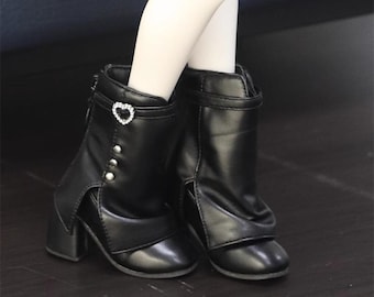 1/4 BJD Doll Boots, Black  Leather Shoes, Heart Detail