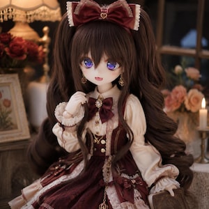 May include: A ball-jointed doll with long wavy brown hair, purple eyes, and a small mouth. The doll wears a cream-colored long-sleeve blouse with a dark red bow at the collar, a dark red pinafore dress with lace trim, and a matching red hair bow.