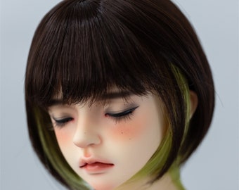 Short Brown BJD Doll Wig, 8-9", Colored Highlights