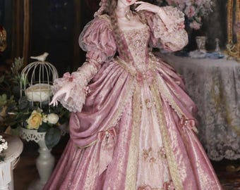1/3 BJD Historical Gown,Victorian Complete Doll Outfit with Hat, Pink Baroque Dress, Pearl Lace Accessories for SD Doll