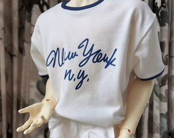 BJD Doll New York Ringer Tee - Retro White Vintage Style Embroidery T-Shirt for Uncle