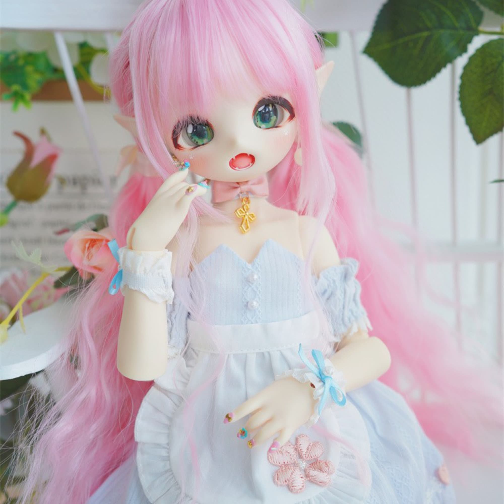 BJDドール用ウィッグ ロングヘア ピンクブラウングレーイエロー 1/4 1