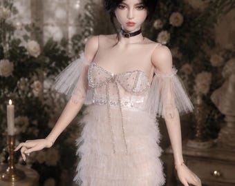 White Doll Dress with Necklace, fits 1/3, 1/4, 1/6 BJD Dolls
