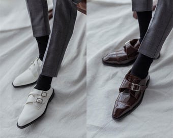 BJD Doll Shoes, Leather Monk Strap Boots, Black & White, Uncle Size