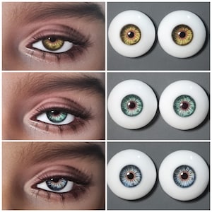 May include: A collage featuring close-up images of human eyes with various colors, including green, blue, and hazel, alongside pairs of doll eyes. The doll eyes are white with detailed iris patterns in matching colors, creating a striking contrast.