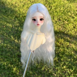 Op de afbeelding: Een poppenhoofd met lang, vloeiend wit haar en delicate gelaatstrekken, waaronder grote, expressieve ogen en roze wangen. Het poppenhoofd is gemonteerd op een metalen standaard tegen een achtergrond van groen gras.