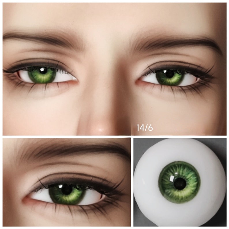 May include: Close-up of a green and brown eye with a white iris. The eye is on a white background. 14/6