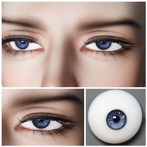 Peut inclure: Une paire d'yeux de poupée réalistes de couleur bleue avec une sclère blanche. Les yeux sont présentés en gros plan et également sur le visage d'une poupée.