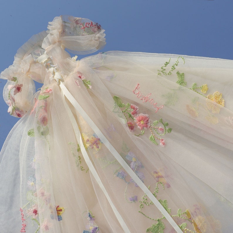May include: A delicate tulle dress with embroidered flowers and the word "Bridal" in script. The dress is a pale pink color and has a white ribbon tied around the waist.