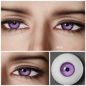 May include: Close-up of a pair of purple doll eyes with a white iris and a black pupil. The eyes are set in a doll's face and are surrounded by eyelashes. The eyes are also shown in a separate image, isolated on a white background.