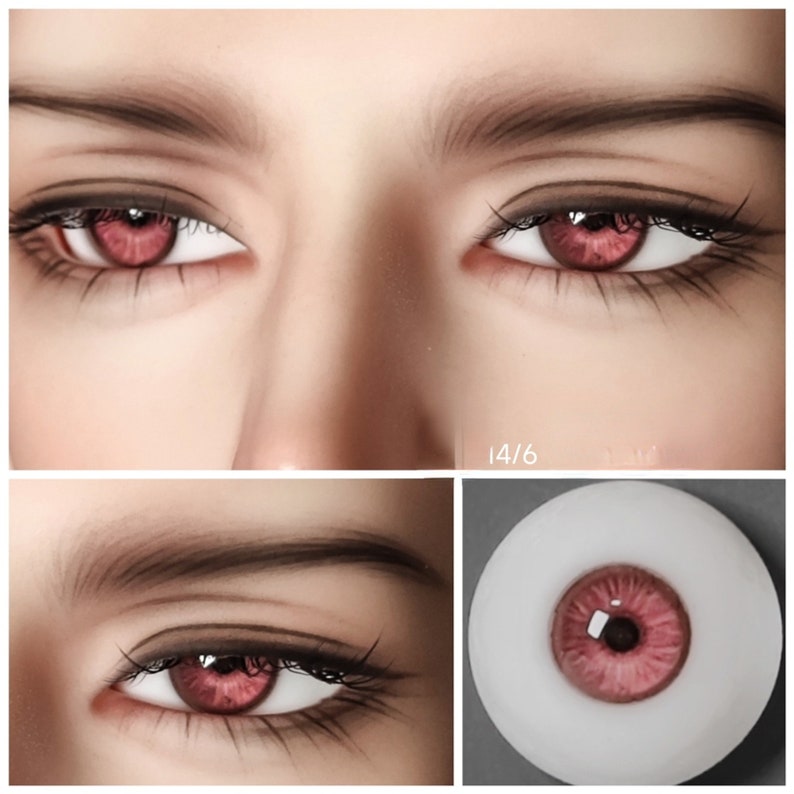 May include: Close-up of a pair of pink doll eyes with a white iris and a black pupil. The eyes are set in a doll's head, with visible eyelashes and eyebrows.