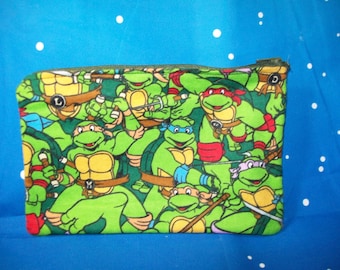 TMNT Teenage Mutant Ninja Turtles Cotton Flannel Double Sided Zipper Pouch -  5" x 8" 2 layer Lined Handmade Carry Pouch Flannel outside