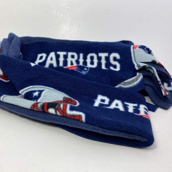 NFL New England Patriots   2 Layer Fleece Scarf with Fringed Ends 5" x 58" Blue Background with Helmets Handmade