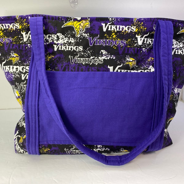 NFL Minnesota Vikings Purple & Black Print - Quilted Lined Tote Bag, 2 Pockets Handmade 18" x 14" x 5" Cotton Fabric