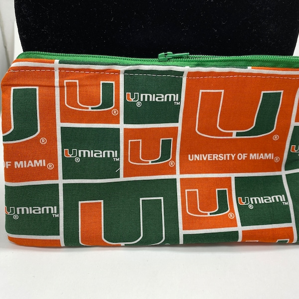 NCAA - University of Miami Hurricanes - Cotton Zipper Pouch - 5" x 8" 2 layer Lined Handmade Carry Pouch