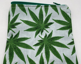 Marijuana Leaf Print Pot Weed Plant Print Cotton Zipper Pouch 5" x 6" 2 layer Lined Handmade Carry double sided Pouch