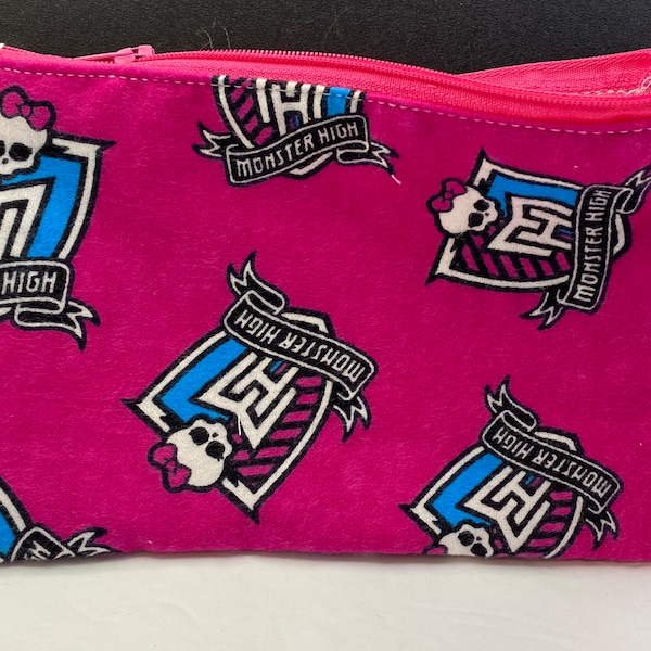 Pink Monster High MH School Crest - 5" x 8" 2 layer Lined Zipper Pouch - Handmade Carry Pouch, Flannel outside