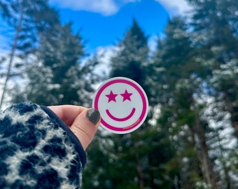 Star Smiley Face Sticker: Hot Pink Vinyl Decal (2 inch)