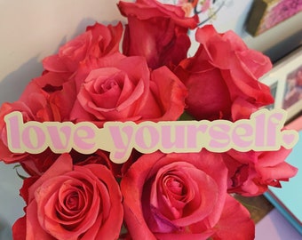 Love Yourself Heart Sticker: Pale Yellow & Pink Vinyl Decal