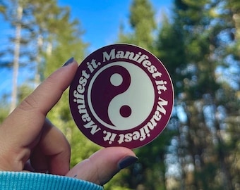 Manifest It Sticker, Large Burgundy Yin Yang, Manifestation and Gratitude Practice