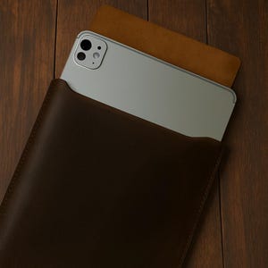 May include: A silver tablet partially inserted into a dark brown leather sleeve. A lighter brown leather piece is visible behind the tablet. The sleeve is on a dark wood surface.
