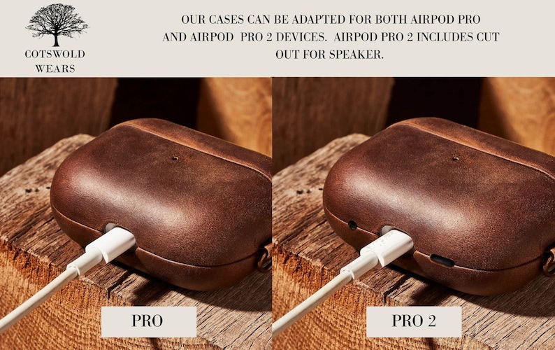 May include: Two brown leather cases for AirPods Pro and AirPods Pro 2. The cases are charging with white charging cables. The text "PRO" and "PRO 2" is below each case.