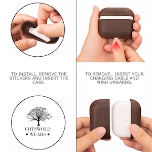 May include: Instructions on how to install and remove a brown leather case for AirPods. The case has a logo that says "Cotswold Wears".