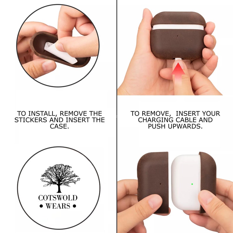 May include: Instructions on how to install and remove a brown leather case for AirPods. The case has a logo that says "Cotswold Wears".