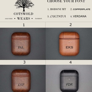 May include: Four different font styles are shown on four brown leather AirPod cases. The fonts are Bodoni MT, Copperplate, Lucinda, and Verdana. The text on the cases reads "PAL", "EKS", "LSP", and "FDR".