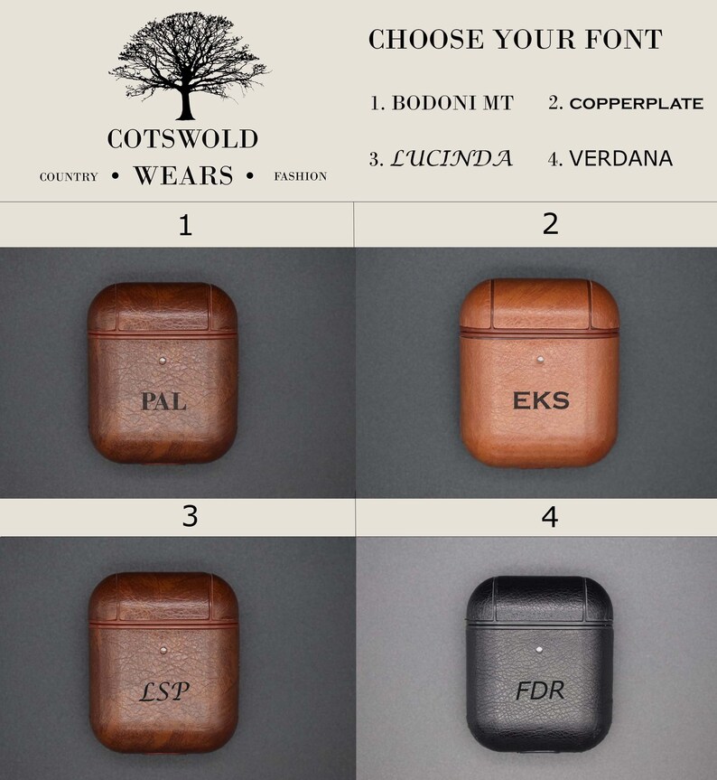 May include: Four different font styles are shown on four brown leather AirPod cases. The fonts are Bodoni MT, Copperplate, Lucinda, and Verdana. The text on the cases reads "PAL", "EKS", "LSP", and "FDR".