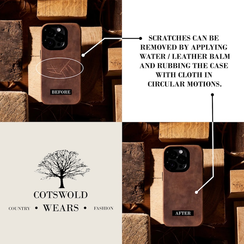 K&ouml;nnte beinhalten: Vorher- und Nachher-Bilder einer braunen Leder-Handyh&uuml;lle. Die H&uuml;lle weist vor der Behandlung Kratzer auf der Oberfl&auml;che auf. Der Text "SCRATCHES CAN BE REMOVED BY APPLYING WATER/LEATHER BALM AND RUBBING THE CASE WITH CLOTH IN CIRCULAR MOTIONS." ist im Bild sichtbar. Der Text "BEFORE" und "AFTER" ist auf den Handyh&uuml;llen sichtbar.