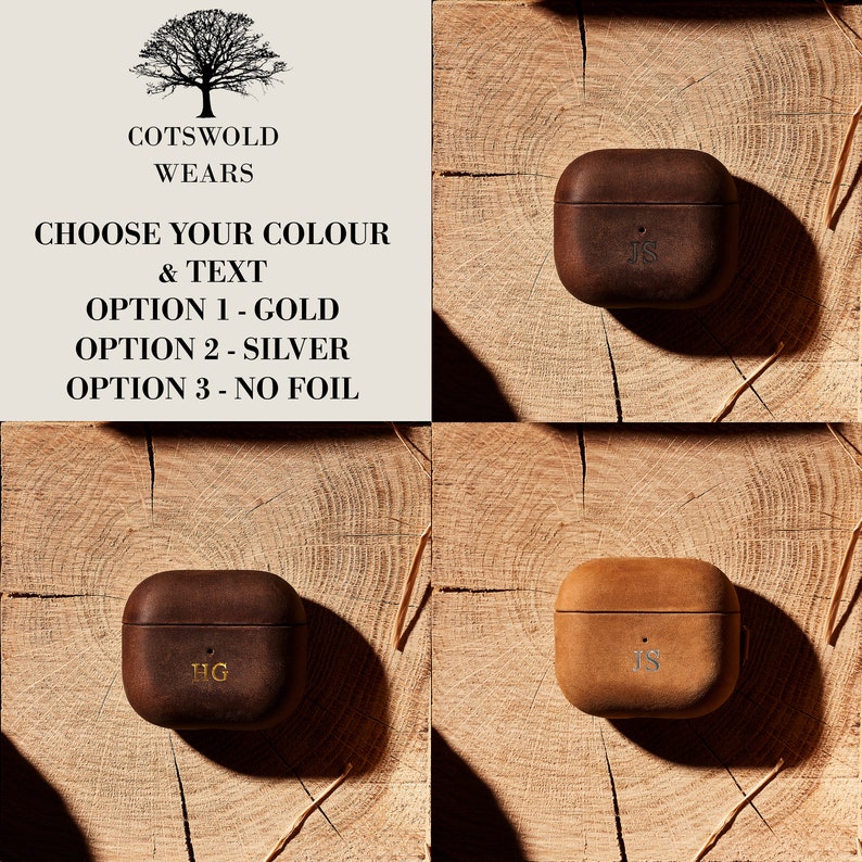 May include: Three leather Airpod cases with different initials in gold foil. The cases are on a wooden background. Choose your color and text: Option 1 - Gold, Option 2 - Silver, Option 3 - No Foil.