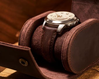 Personalised Genuine Leather Watch Case / Dark Brown Travel Watch Box for Men or Women / Luxury Gift Idea / Custom Watch Roll Storage Holder